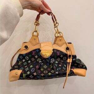Louis Vuitton Black Multicolor Monogram Satchel with Natural Leather Trim